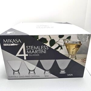 Mikasa Living Mia Set of 4 Stemless Lead Free Crystal‎ Martini Glasses 12 OZ NEW